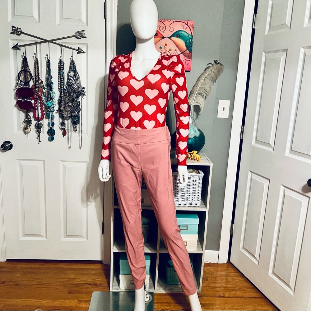 Valentines Day Outfit 💕Heart Patterned Red Bodysuit and Pink Pants Set